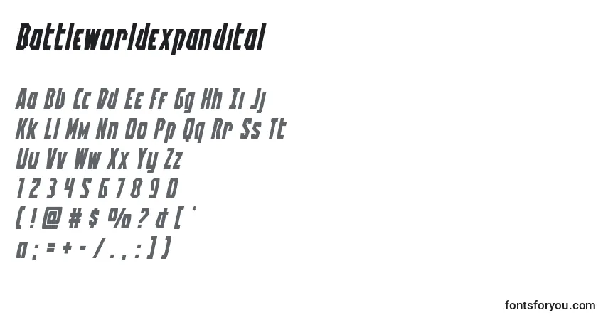 Schriftart Battleworldexpandital – Alphabet, Zahlen, spezielle Symbole