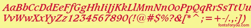 CaxtonBoldItalicBt-Schriftart – Rote Schriften auf gelbem Hintergrund