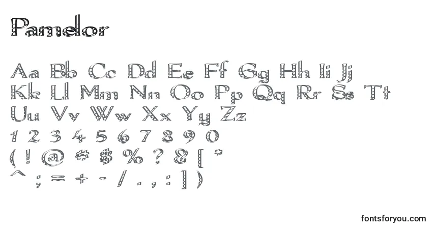 Schriftart Pamelor – Alphabet, Zahlen, spezielle Symbole