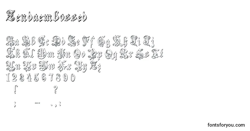 Zendaembossed-fontti – aakkoset, numerot, erikoismerkit