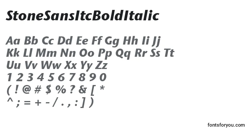 Czcionka StoneSansItcBoldItalic – alfabet, cyfry, specjalne znaki