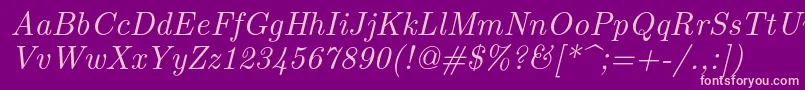 Lmroman10Italic-fontti – vaaleanpunaiset fontit violetilla taustalla