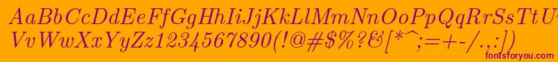 Lmroman10Italic-fontti – violetit fontit oranssilla taustalla