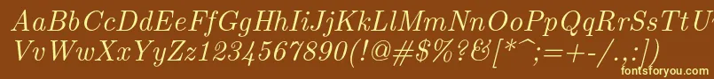 Lmroman10Italic-fontti – keltaiset fontit ruskealla taustalla