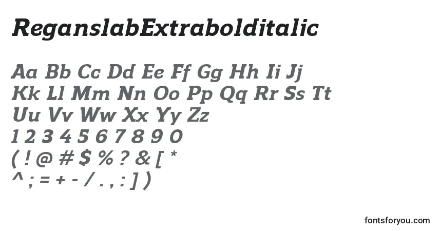 A fonte ReganslabExtrabolditalic – alfabeto, números, caracteres especiais