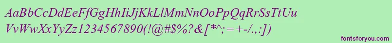 AparajitaItalicフォントについての詳細 フォントAparajitaItalic – 緑の背景に紫のフォント