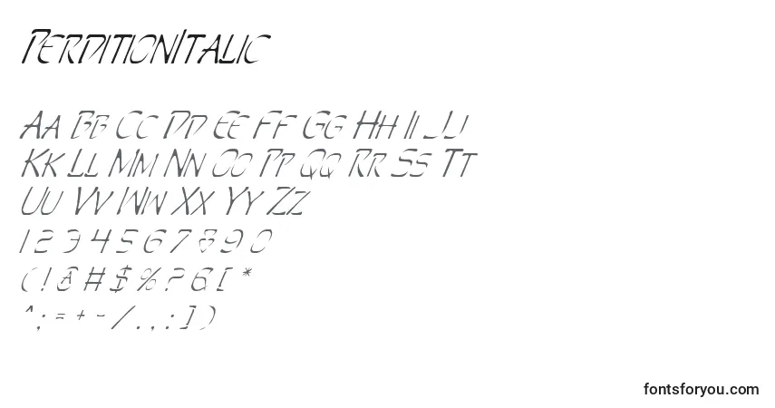 Шрифт PerditionItalic – алфавит, цифры, специальные символы