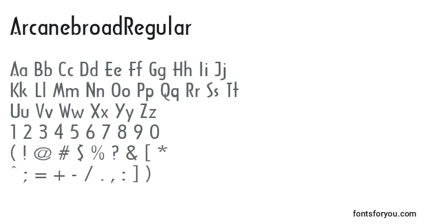 A fonte ArcanebroadRegular – alfabeto, números, caracteres especiais