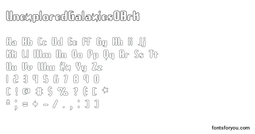 A fonte UnexploredGalaxiesOBrk – alfabeto, números, caracteres especiais