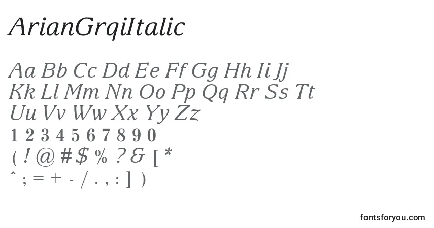 Czcionka ArianGrqiItalic – alfabet, cyfry, specjalne znaki