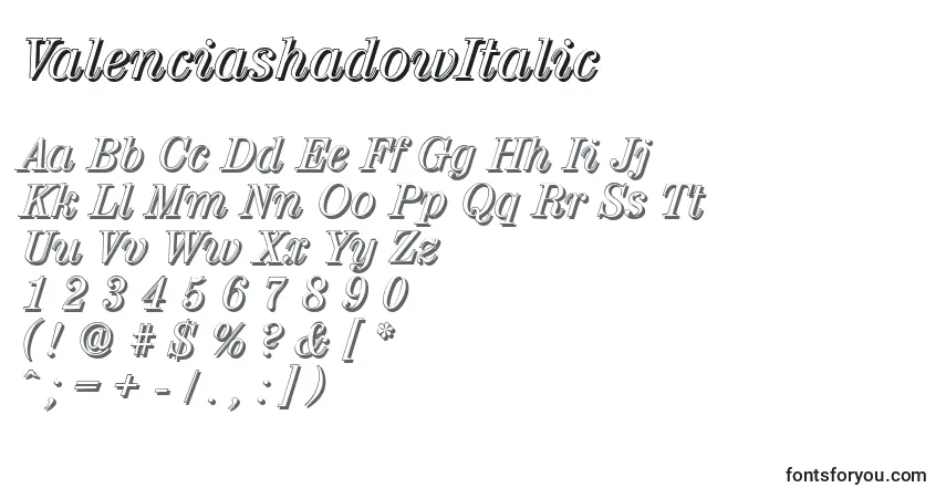 Schriftart ValenciashadowItalic – Alphabet, Zahlen, spezielle Symbole