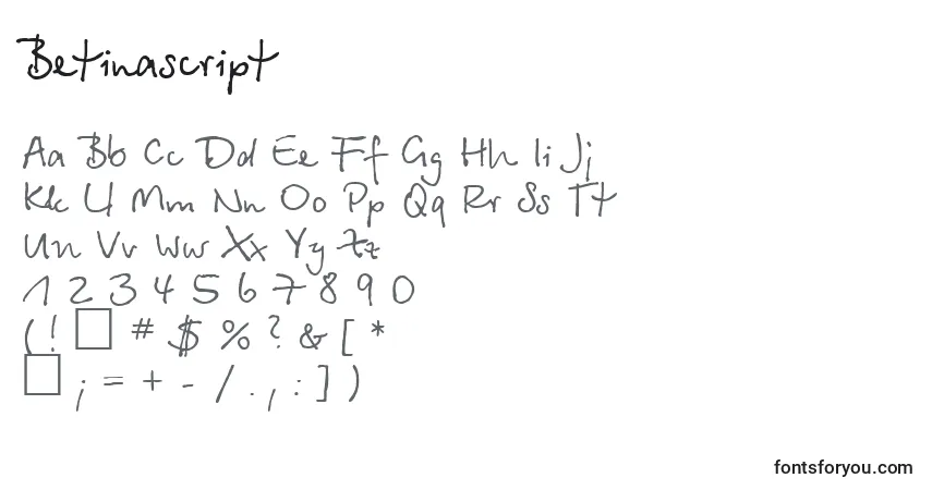 Schriftart Betinascript – Alphabet, Zahlen, spezielle Symbole