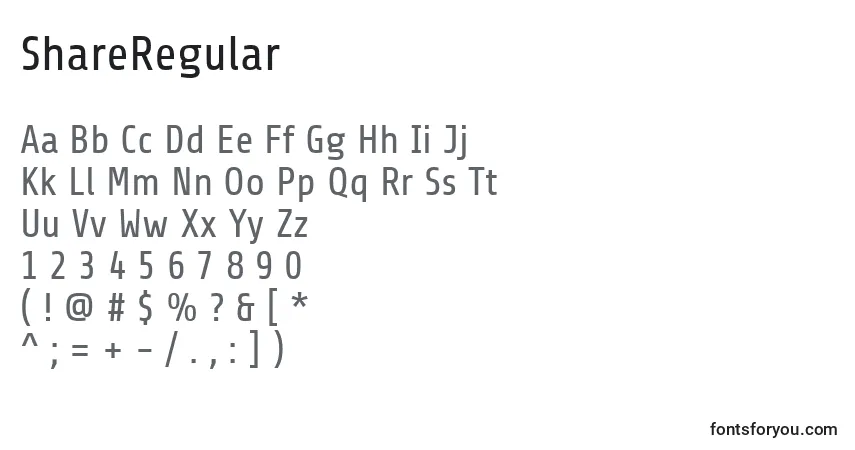 A fonte ShareRegular (72988) – alfabeto, números, caracteres especiais