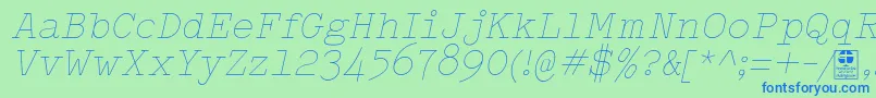 TypowriterThinItalicDemo-Schriftart – Blaue Schriften auf grünem Hintergrund