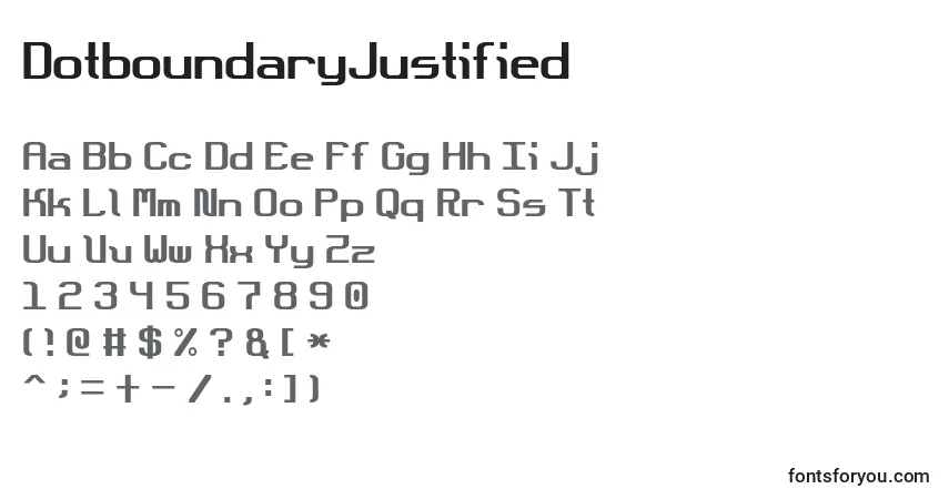 Czcionka DotboundaryJustified – alfabet, cyfry, specjalne znaki
