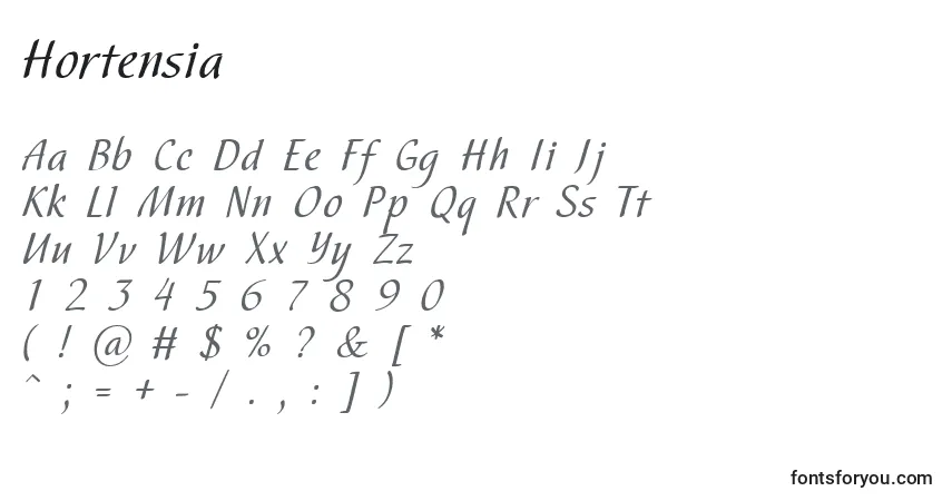Czcionka Hortensia – alfabet, cyfry, specjalne znaki