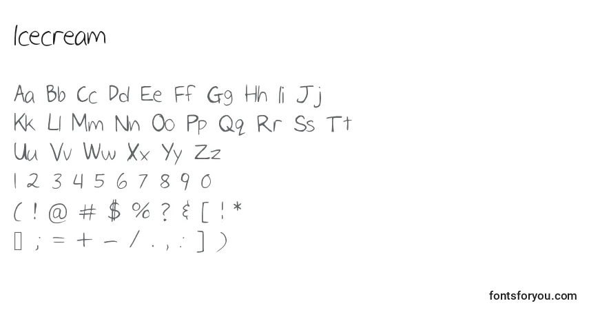 Czcionka Icecream – alfabet, cyfry, specjalne znaki