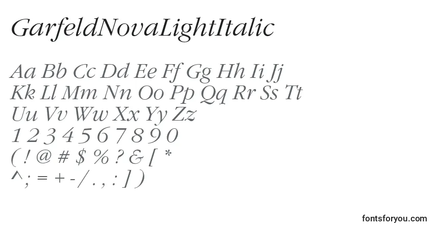 A fonte GarfeldNovaLightItalic – alfabeto, números, caracteres especiais