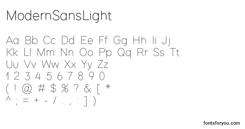 Schriftart ModernSansLight – Alphabet, Zahlen, spezielle Symbole