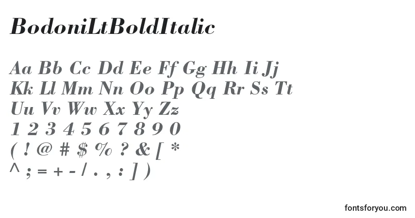 A fonte BodoniLtBoldItalic – alfabeto, números, caracteres especiais