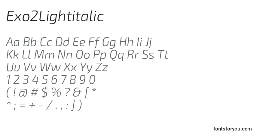 Schriftart Exo2Lightitalic – Alphabet, Zahlen, spezielle Symbole