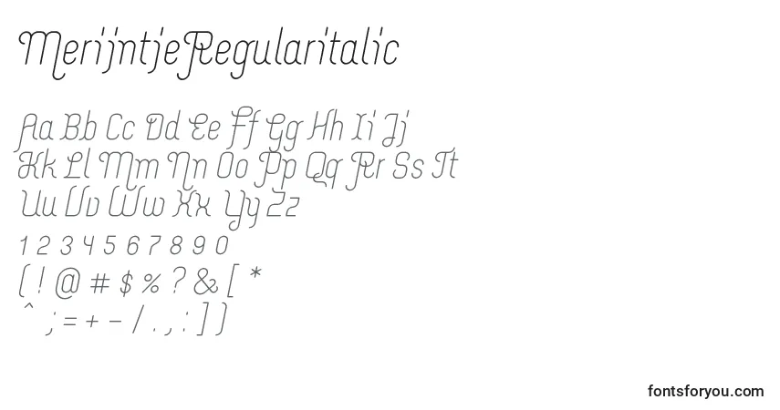 Schriftart MerijntjeRegularitalic – Alphabet, Zahlen, spezielle Symbole