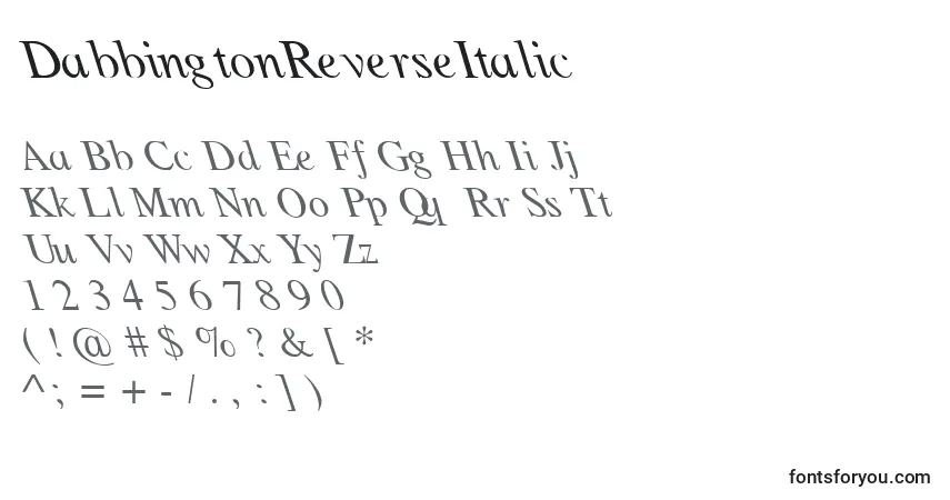 A fonte DabbingtonReverseItalic – alfabeto, números, caracteres especiais