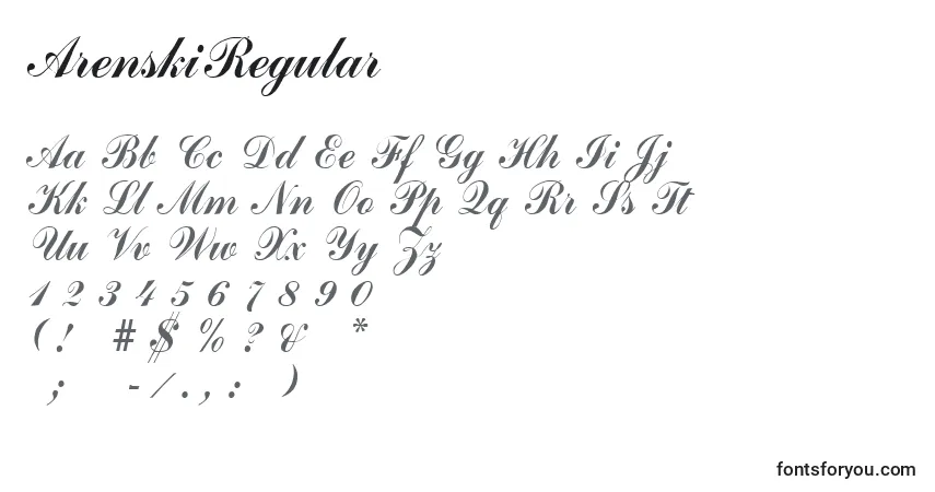 A fonte ArenskiRegular – alfabeto, números, caracteres especiais