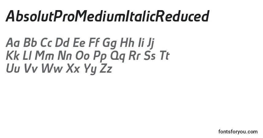Czcionka AbsolutProMediumItalicReduced – alfabet, cyfry, specjalne znaki