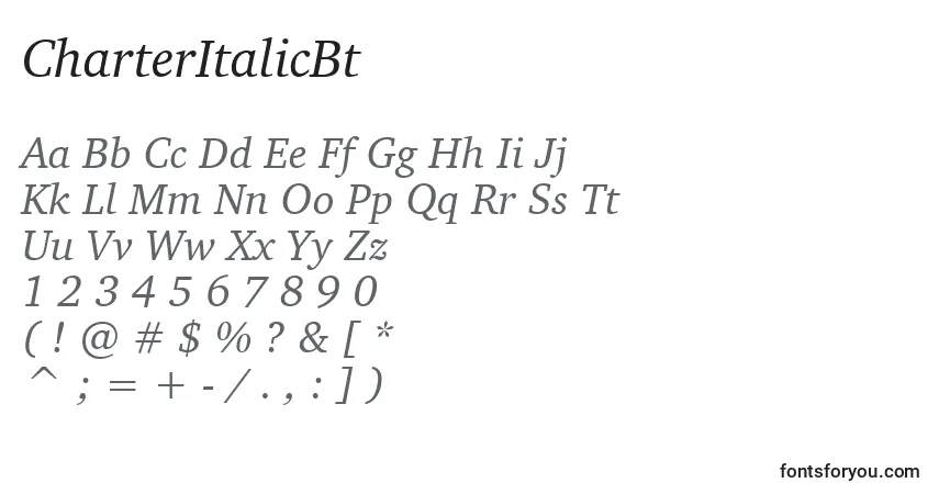 Czcionka CharterItalicBt – alfabet, cyfry, specjalne znaki