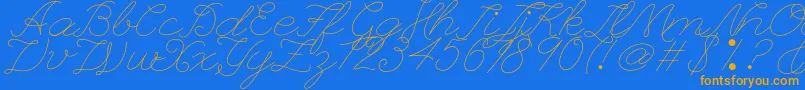 フォントLeaguescriptnumberone – オレンジ色の文字が青い背景にあります。