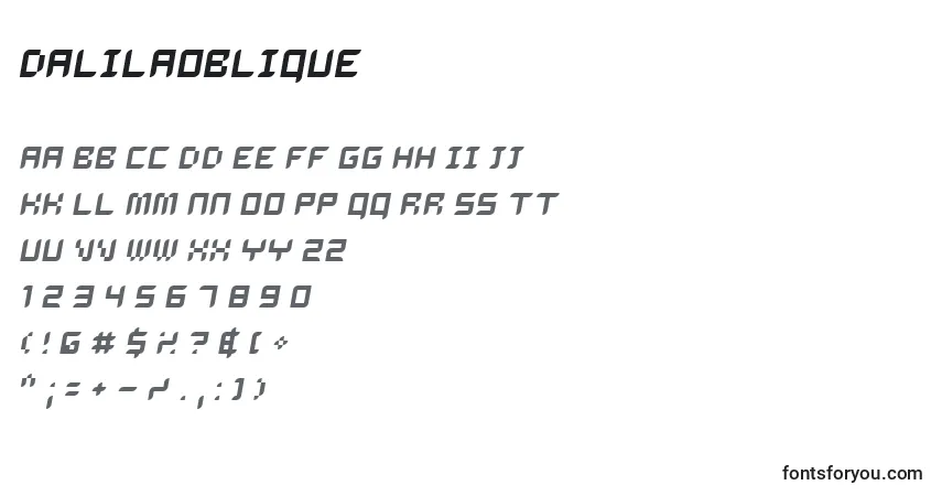 Czcionka DalilaOblique – alfabet, cyfry, specjalne znaki