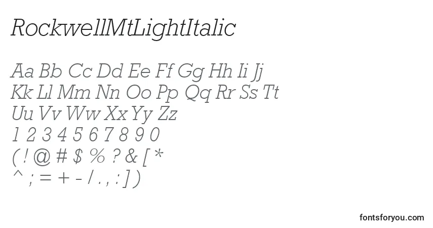 Czcionka RockwellMtLightItalic – alfabet, cyfry, specjalne znaki