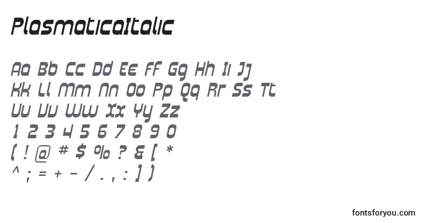 A fonte PlasmaticaItalic – alfabeto, números, caracteres especiais