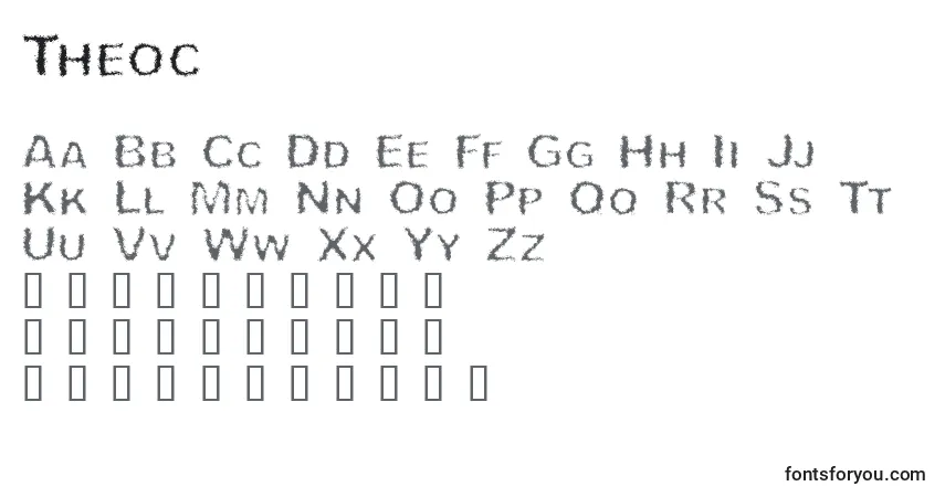 A fonte Theoc – alfabeto, números, caracteres especiais