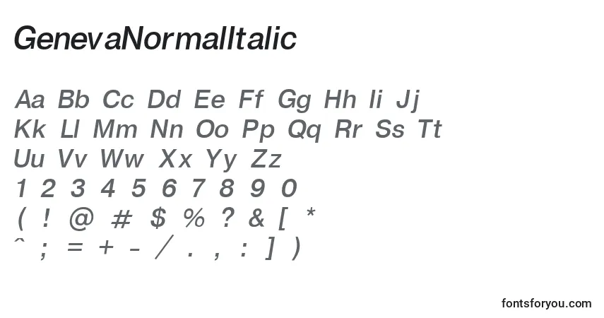 GenevaNormalItalicフォント–アルファベット、数字、特殊文字