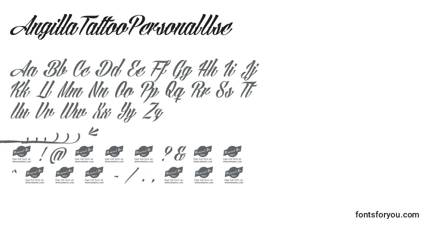 A fonte AngillaTattooPersonalUse – alfabeto, números, caracteres especiais