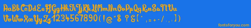 フォントLimonadedecamomille – オレンジ色の文字が青い背景にあります。