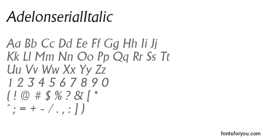 Fuente AdelonserialItalic - alfabeto, números, caracteres especiales