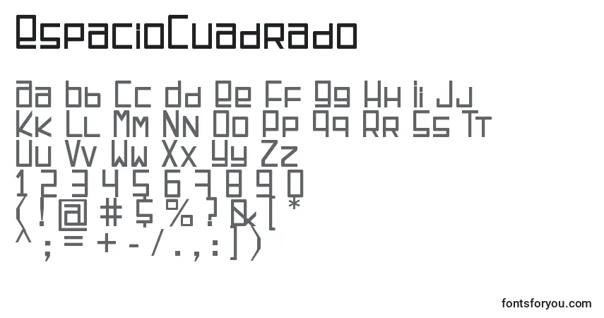 Czcionka EspacioCuadrado – alfabet, cyfry, specjalne znaki