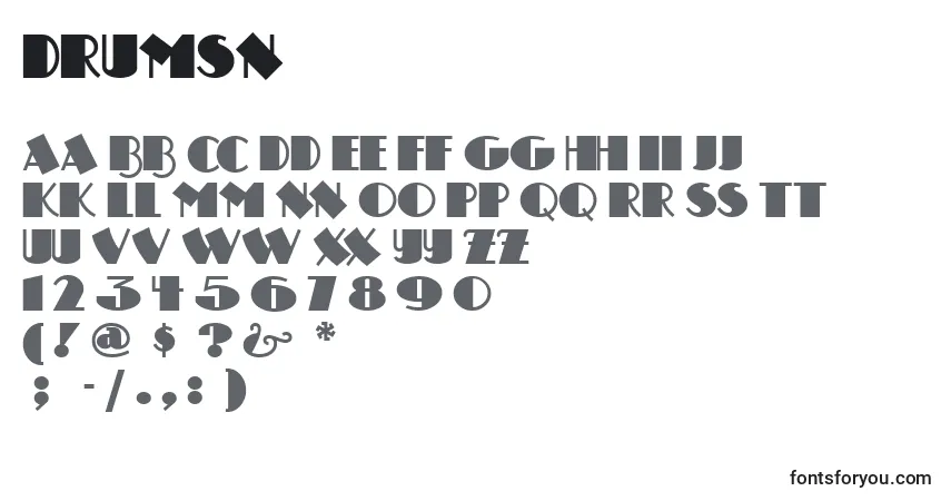 A fonte Drumsn – alfabeto, números, caracteres especiais