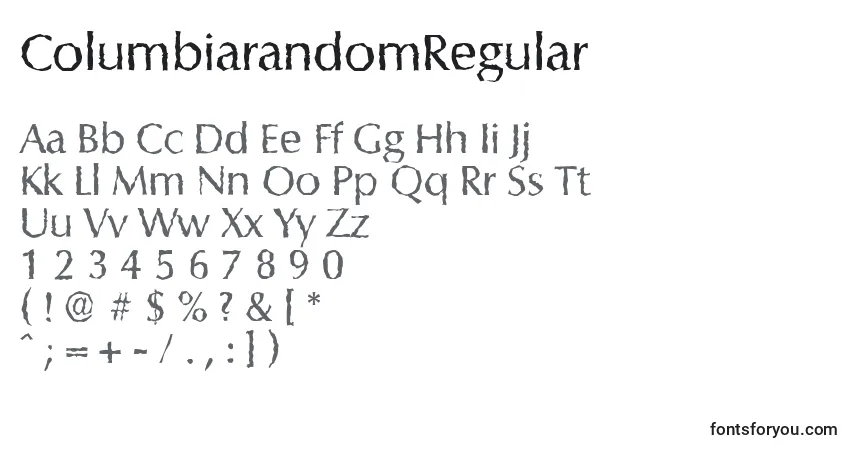 Czcionka ColumbiarandomRegular – alfabet, cyfry, specjalne znaki