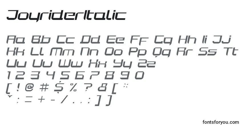 Шрифт JoyriderItalic – алфавит, цифры, специальные символы