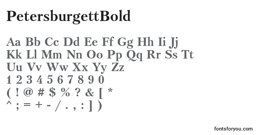 A fonte PetersburgettBold – alfabeto, números, caracteres especiais