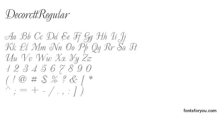 A fonte DecorcttRegular – alfabeto, números, caracteres especiais