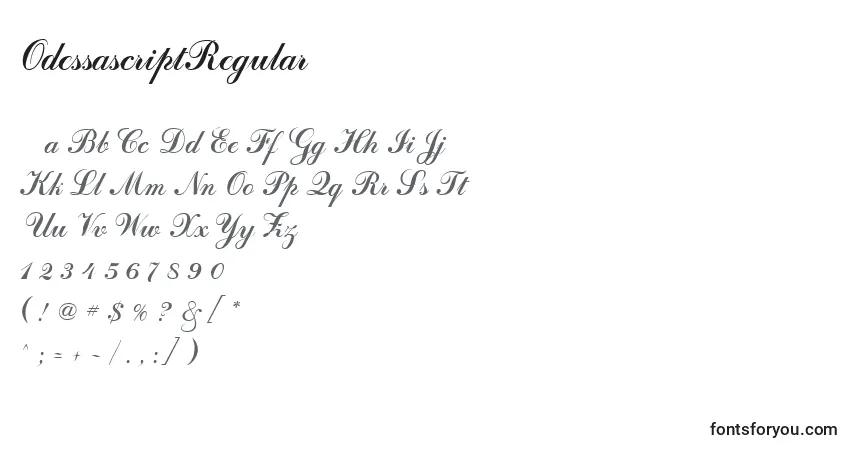 A fonte OdessascriptRegular – alfabeto, números, caracteres especiais