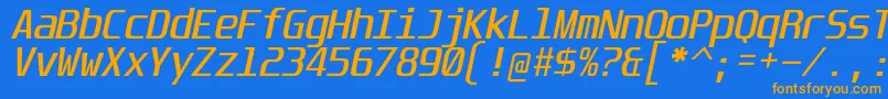 UnispaceIt-Schriftart – Orangefarbene Schriften auf blauem Hintergrund
