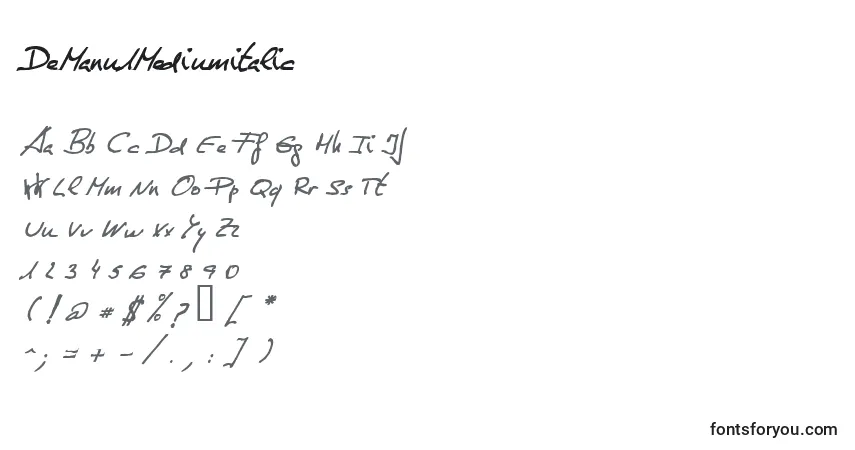 Czcionka DeManu1Mediumitalic – alfabet, cyfry, specjalne znaki