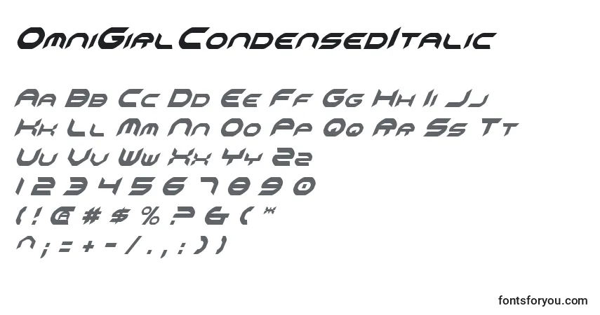 Schriftart OmniGirlCondensedItalic – Alphabet, Zahlen, spezielle Symbole