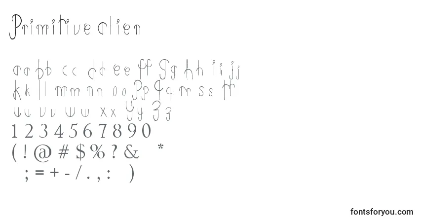 A fonte PrimitiveAlien – alfabeto, números, caracteres especiais